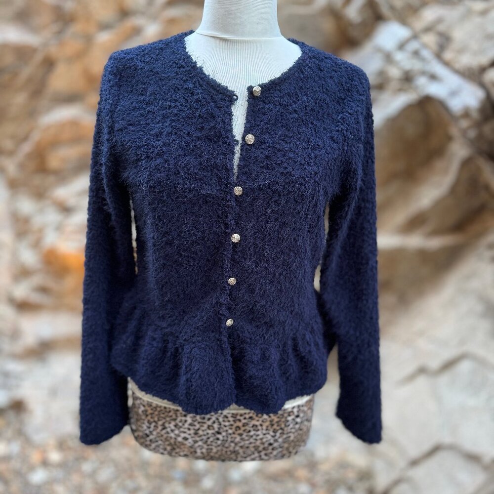 Ces Femme Peplum Cardigan with Gold Buttons in Navy Size M
